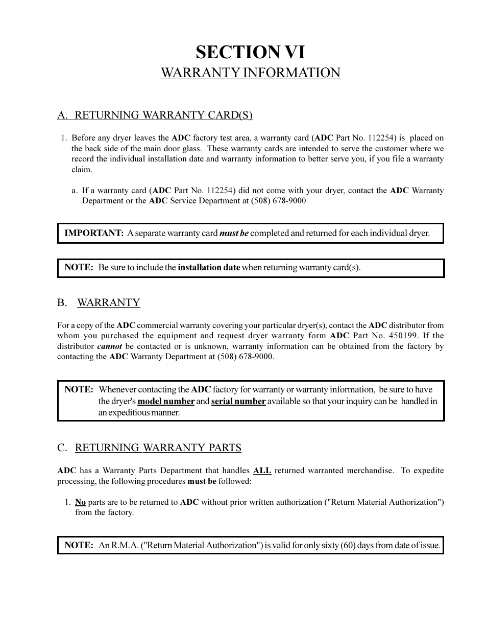 Warranty information | American Dryer Corp. AD-230 User Manual | Page 35 / 48