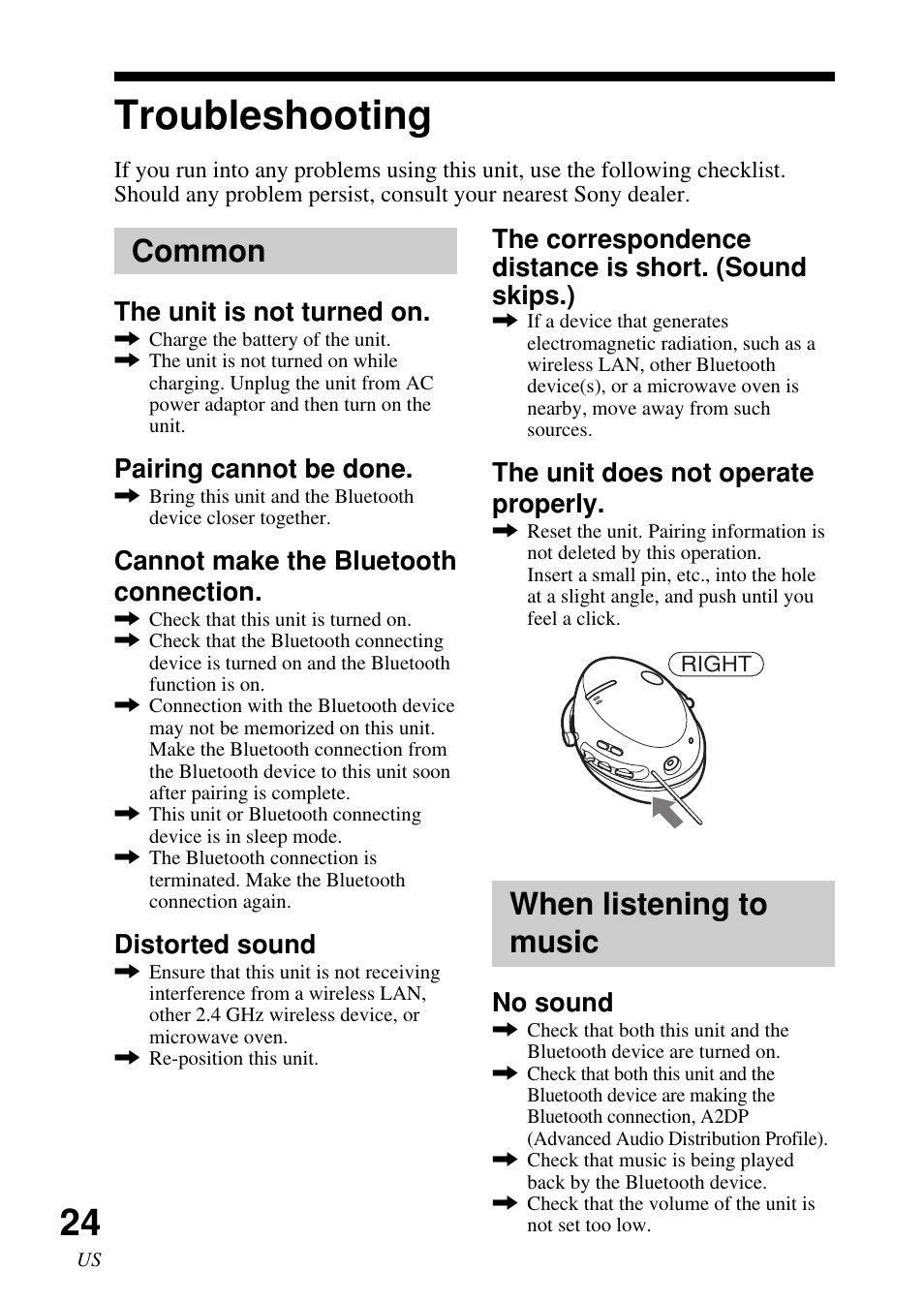 Troubleshooting, Common, When listening to music | The unit is not turned on, Pairing cannot be done, Cannot make the bluetooth connection, Distorted sound, The unit does not operate properly, No sound | Sony DR-BT50 User Manual | Page 24 / 56