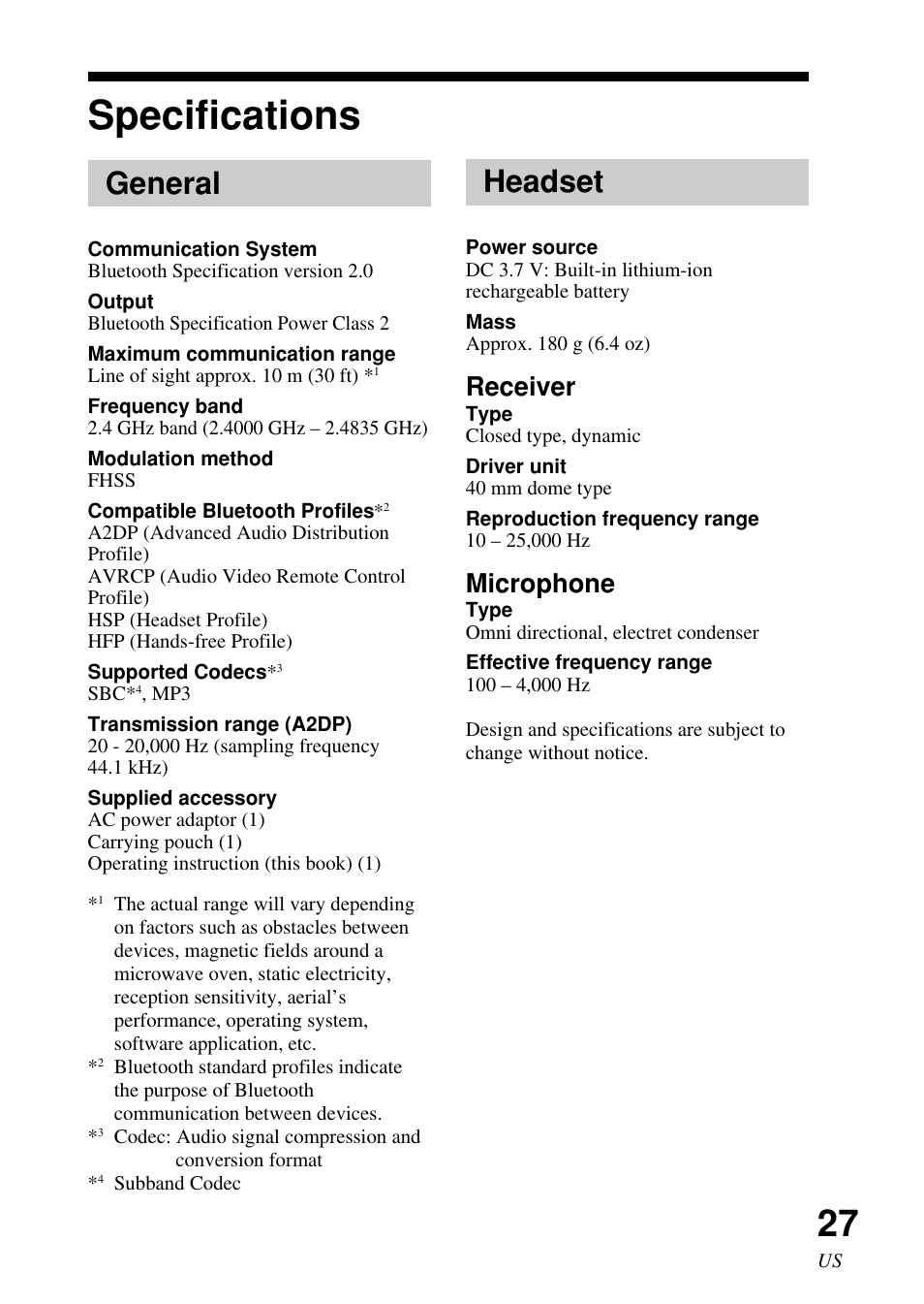 Specifications, General, Headset | Receiver, Microphone | Sony DR-BT50 User Manual | Page 27 / 56