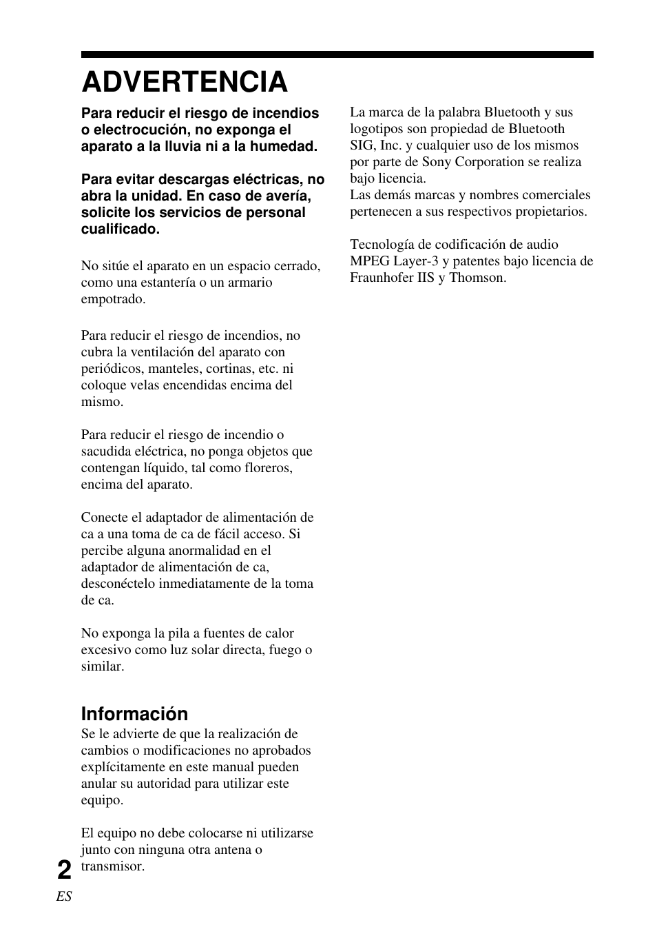 Es.pdf, Advertencia | Sony DR-BT50 User Manual | Page 28 / 56