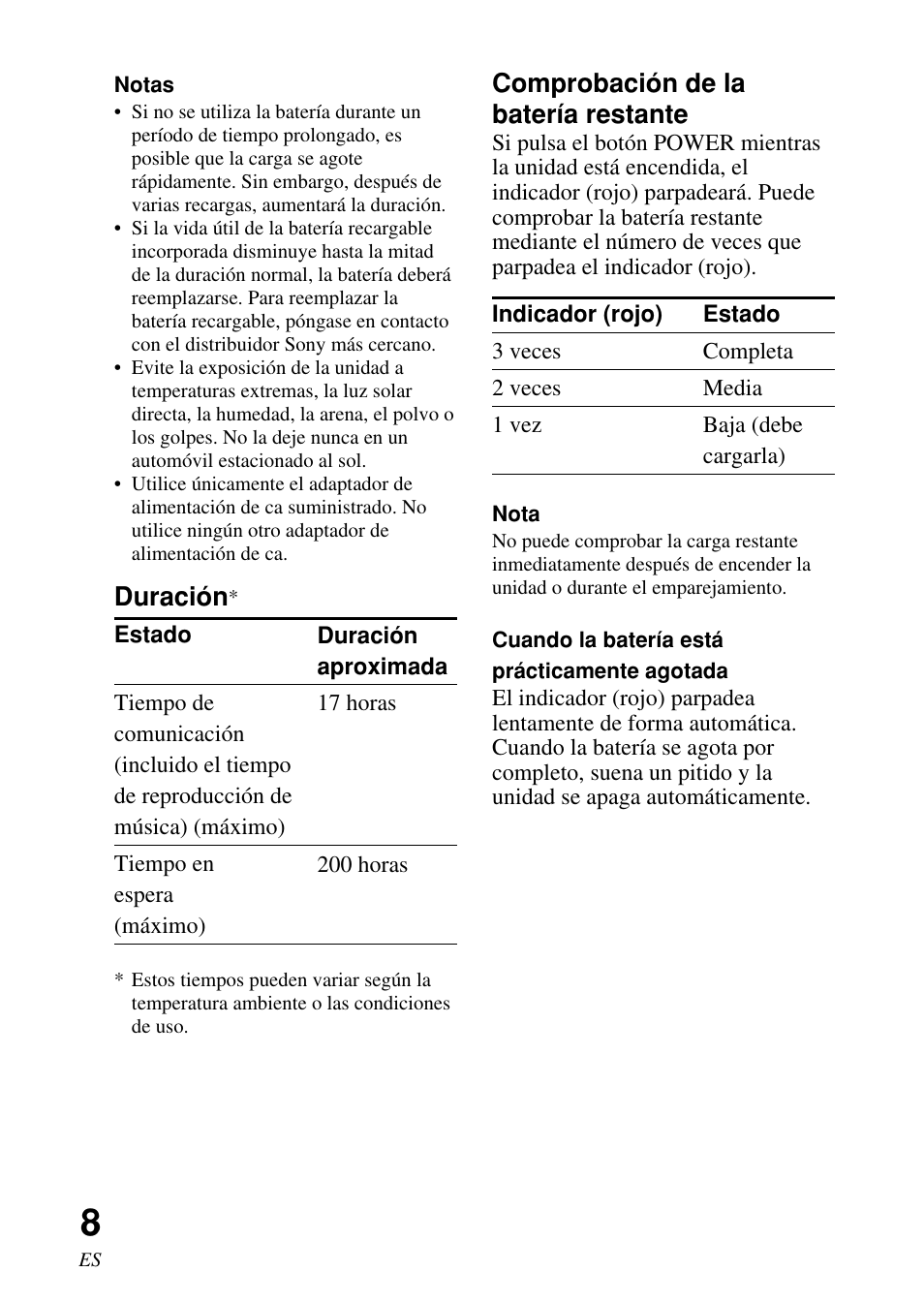 Duración, Comprobación de la batería restante | Sony DR-BT50 User Manual | Page 34 / 56