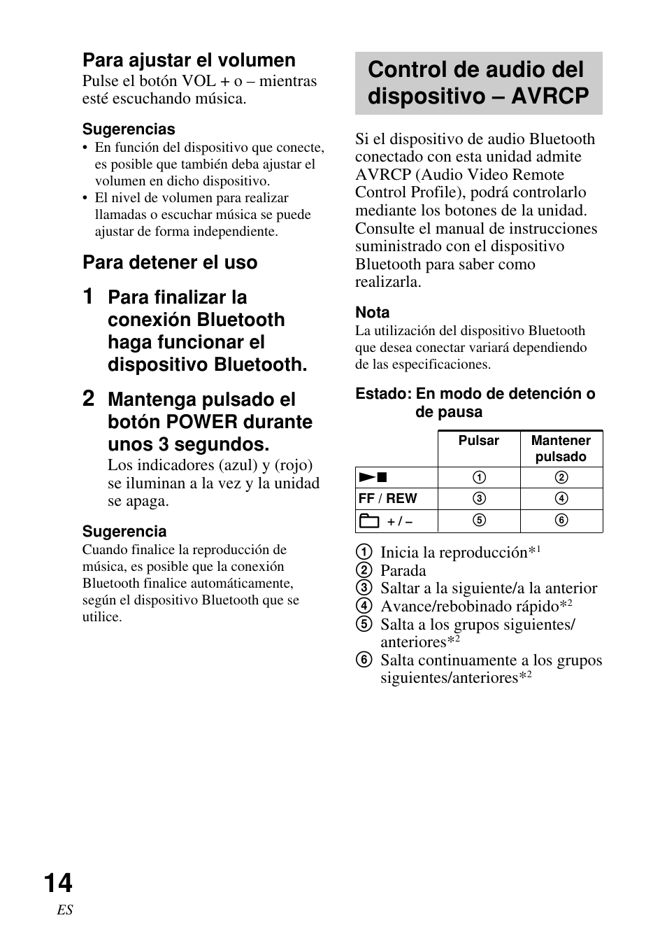 Control de audio del dispositivo – avrcp, Control de audio del dispositivo, Avrcp | Para ajustar el volumen, Para detener el uso | Sony DR-BT50 User Manual | Page 40 / 56