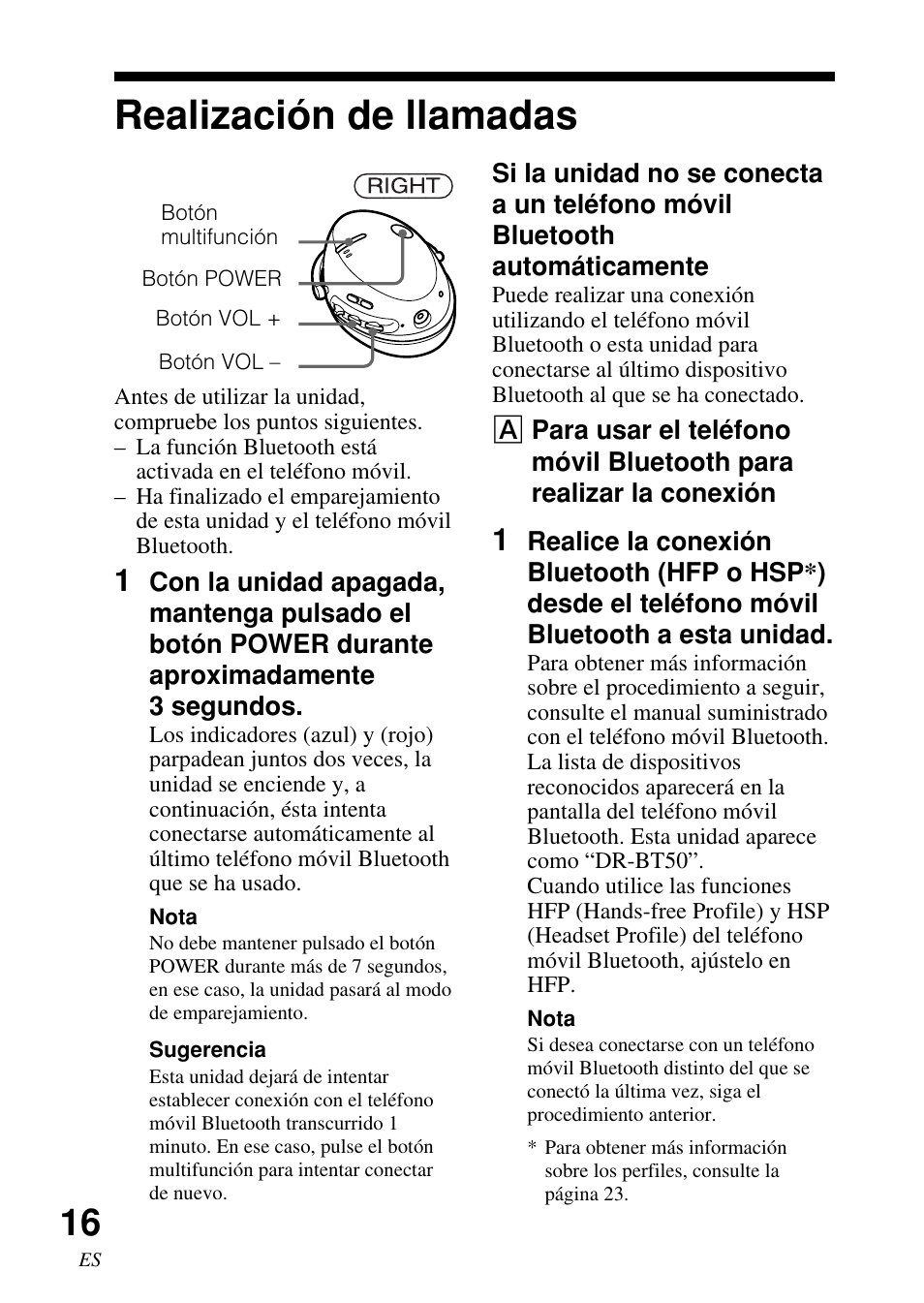 Realización de llamadas, Realización de, Llamadas | Sony DR-BT50 User Manual | Page 42 / 56