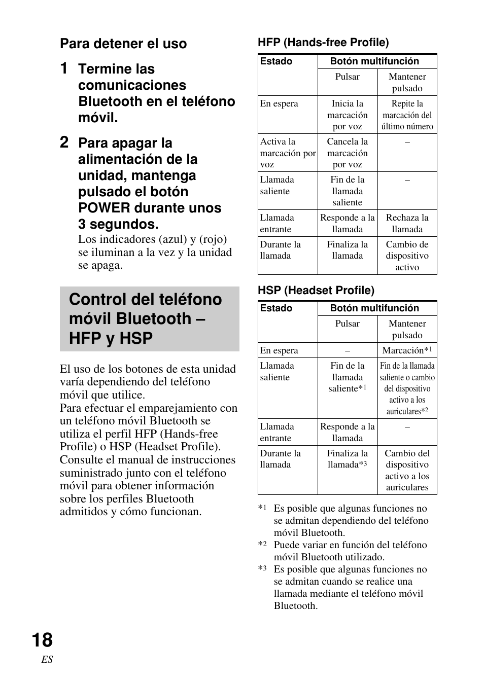 Control del teléfono móvil bluetooth – hfp y hsp, Control del teléfono móvil, Bluetooth – hfp y hsp | Para detener el uso | Sony DR-BT50 User Manual | Page 44 / 56