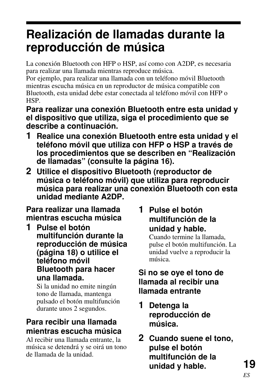 Realización de llamadas, Durante la reproducción de música | Sony DR-BT50 User Manual | Page 45 / 56