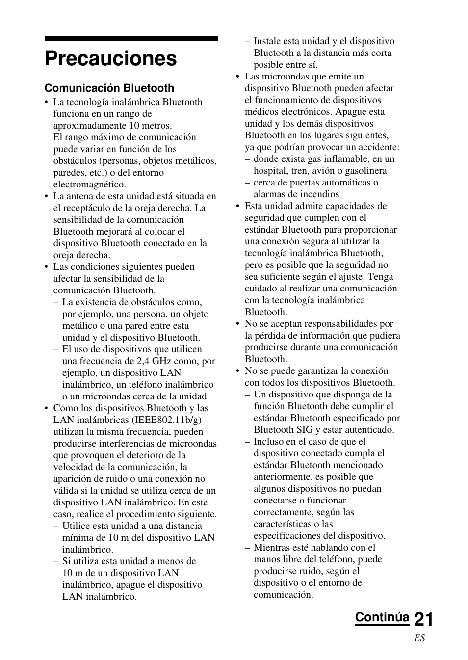 Precauciones, Continúa | Sony DR-BT50 User Manual | Page 47 / 56