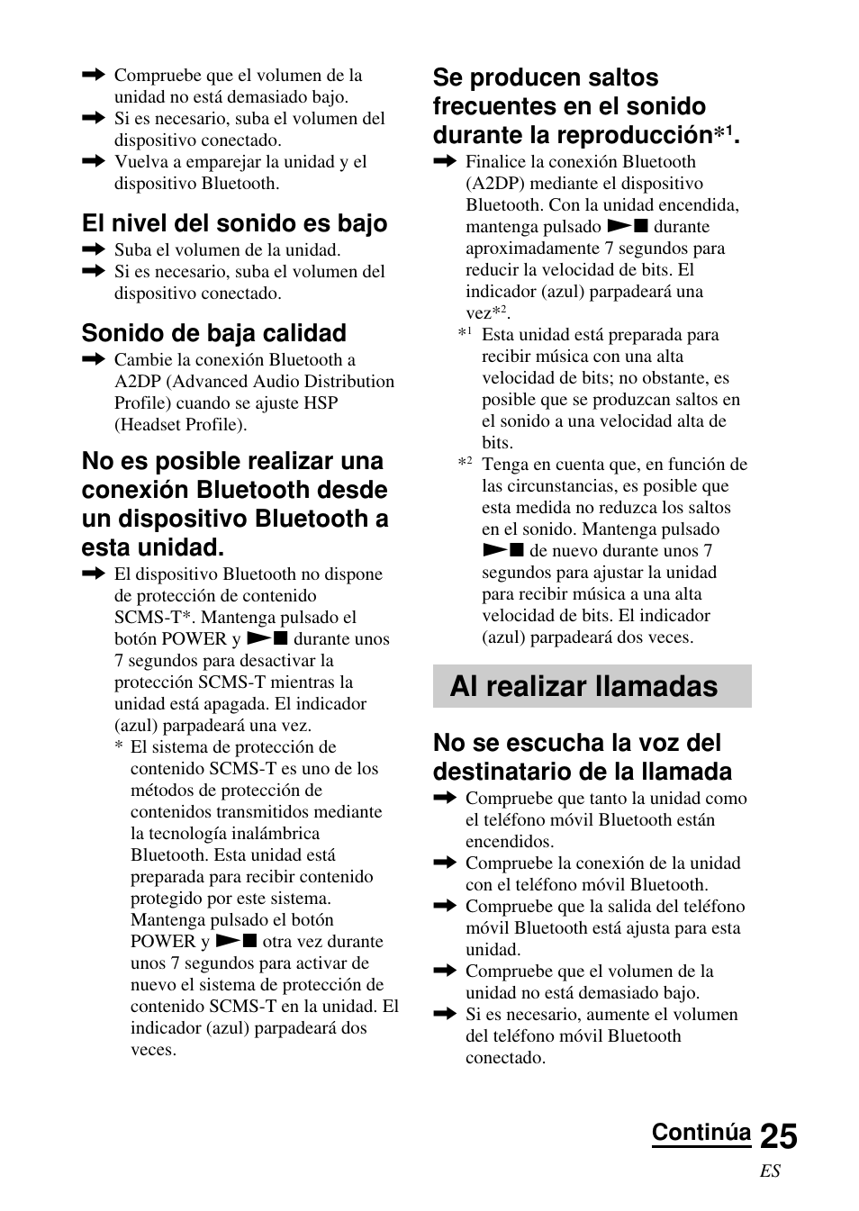 Al realizar llamadas, El nivel del sonido es bajo, Sonido de baja calidad | Continúa | Sony DR-BT50 User Manual | Page 51 / 56