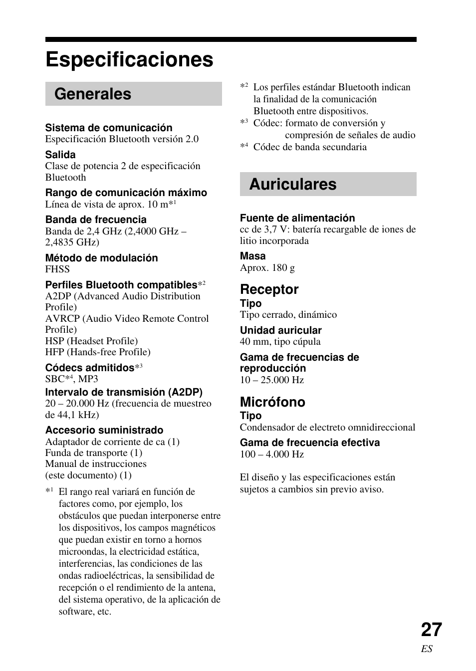 Especificaciones, Generales, Auriculares | Receptor, Micrófono | Sony DR-BT50 User Manual | Page 53 / 56