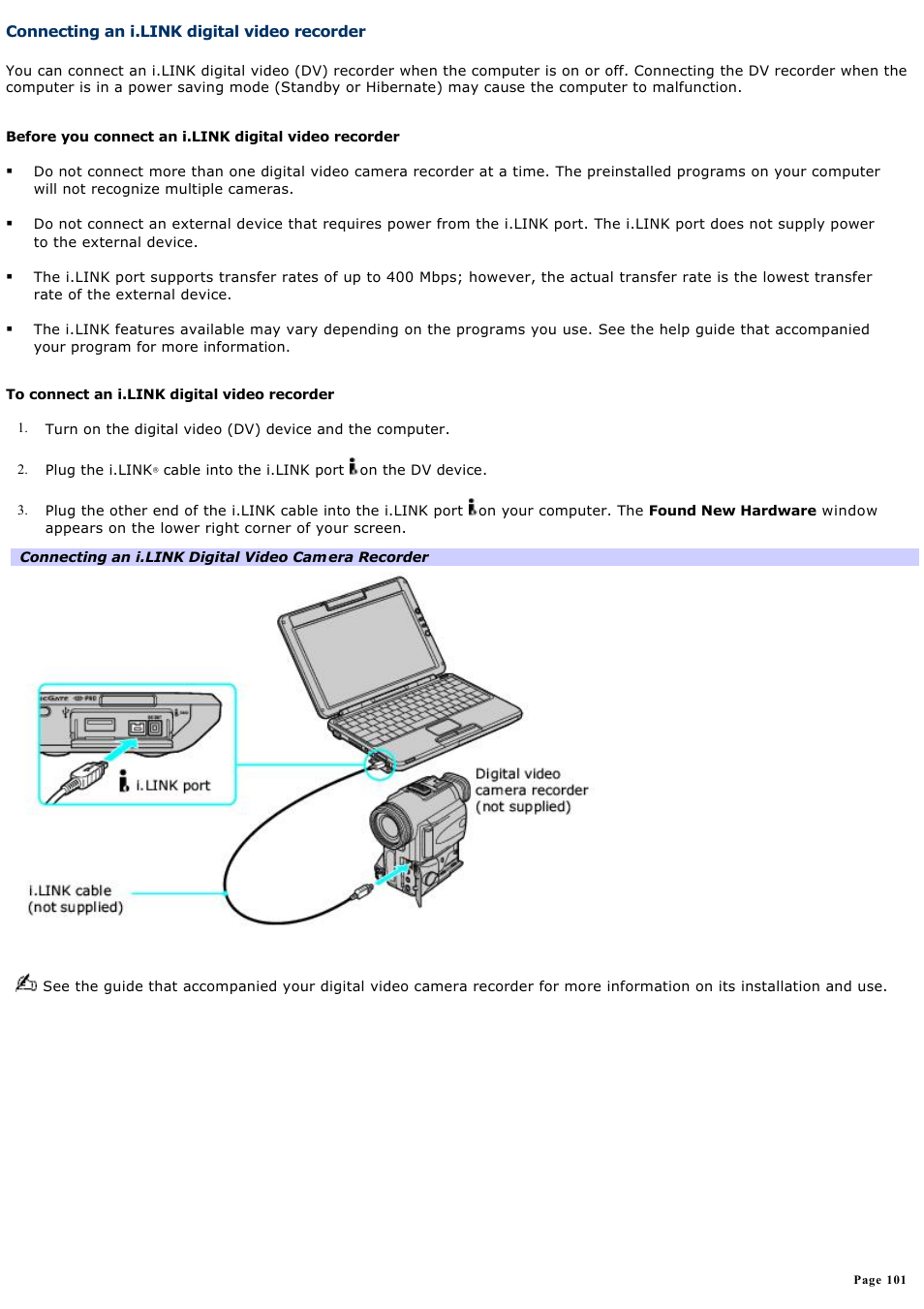 Connecting an i.link digital video recorder | Sony PCG-TR2A User Manual | Page 101 / 202