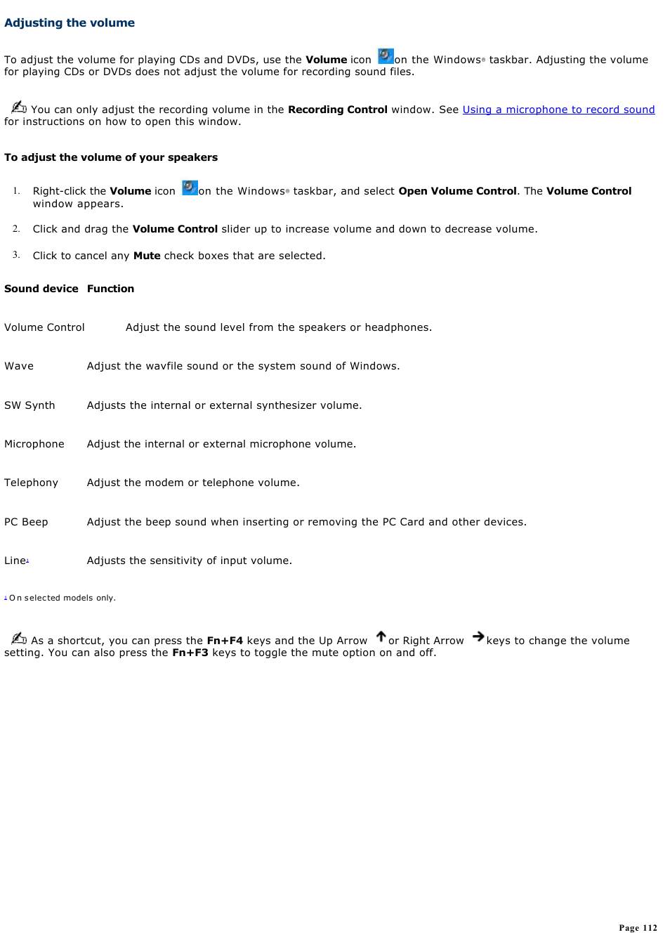 Adjusting the volume | Sony PCG-TR2A User Manual | Page 112 / 202