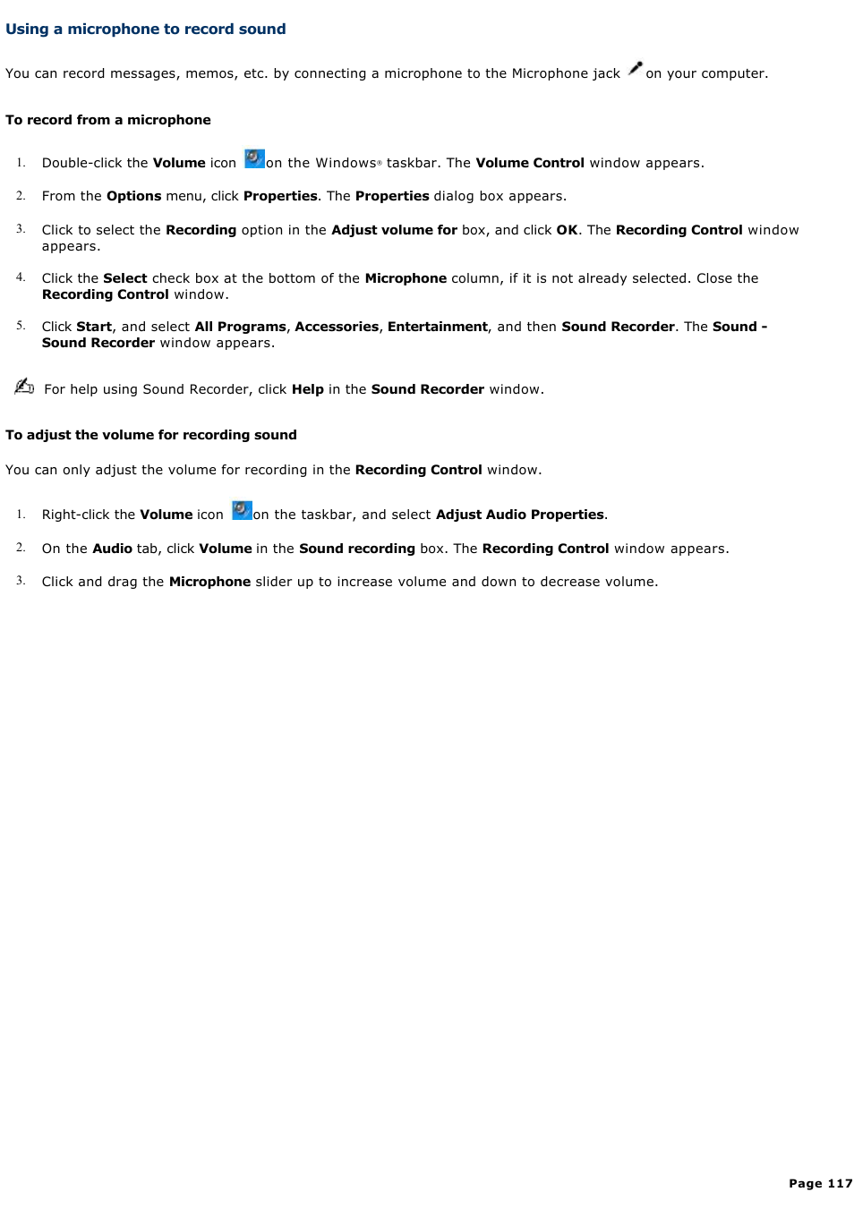 Using a microphone to record sound | Sony PCG-TR2A User Manual | Page 117 / 202