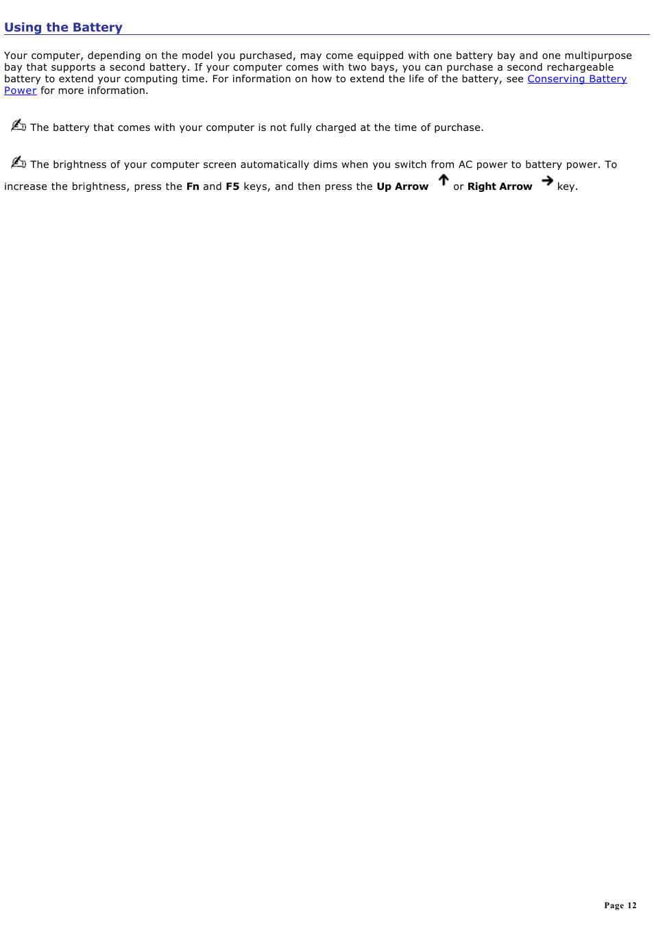 Using the battery | Sony PCG-TR2A User Manual | Page 12 / 202