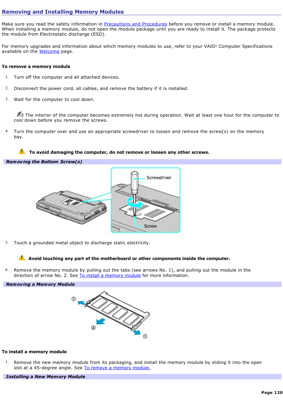 Removing and installing memory modules | Sony PCG-TR2A User Manual | Page 120 / 202