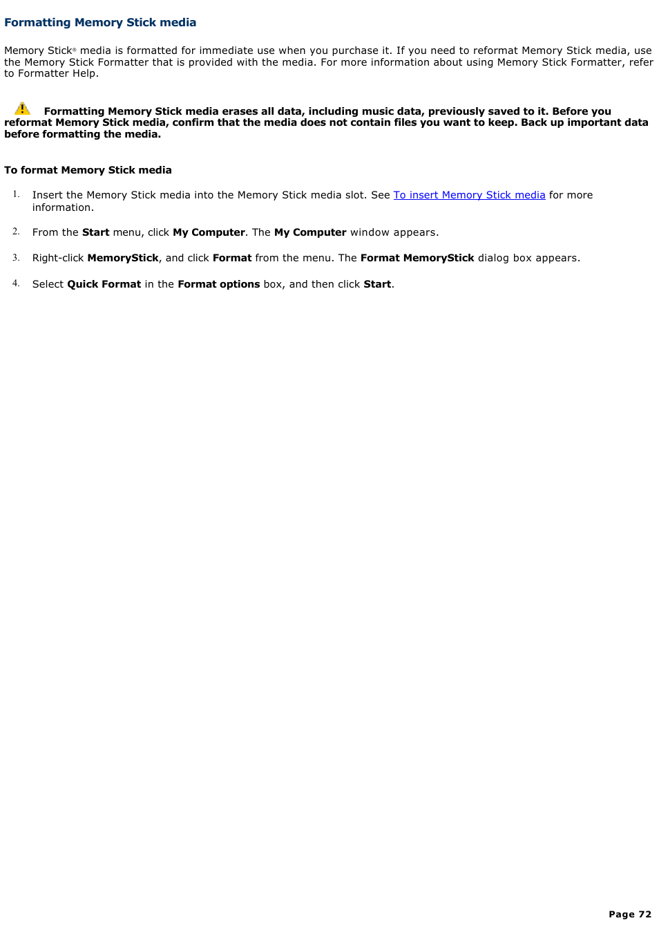 Formatting memory stick media | Sony PCG-TR2A User Manual | Page 72 / 202