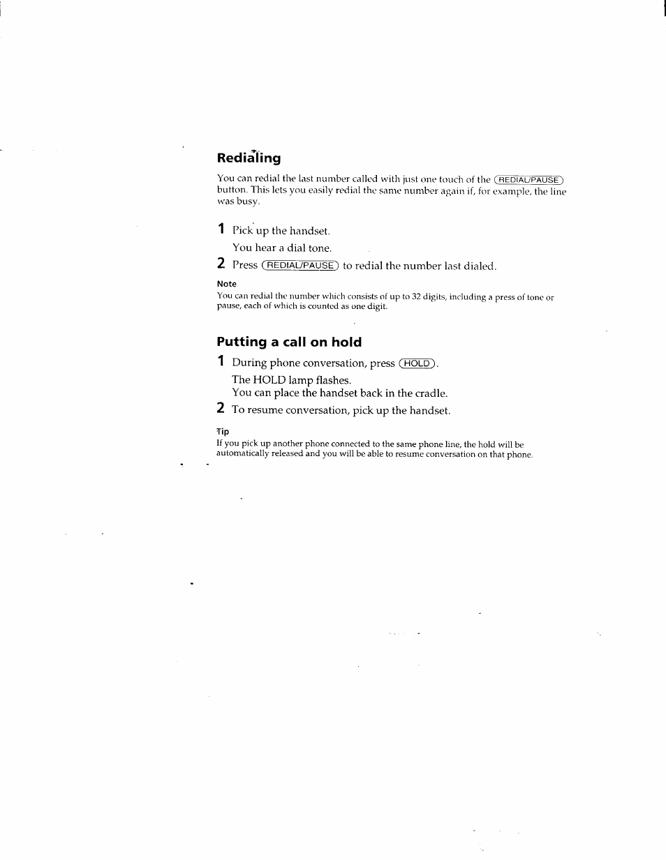 Redialing, Putting a call on hold | Sony IT-B7 User Manual | Page 10 / 23