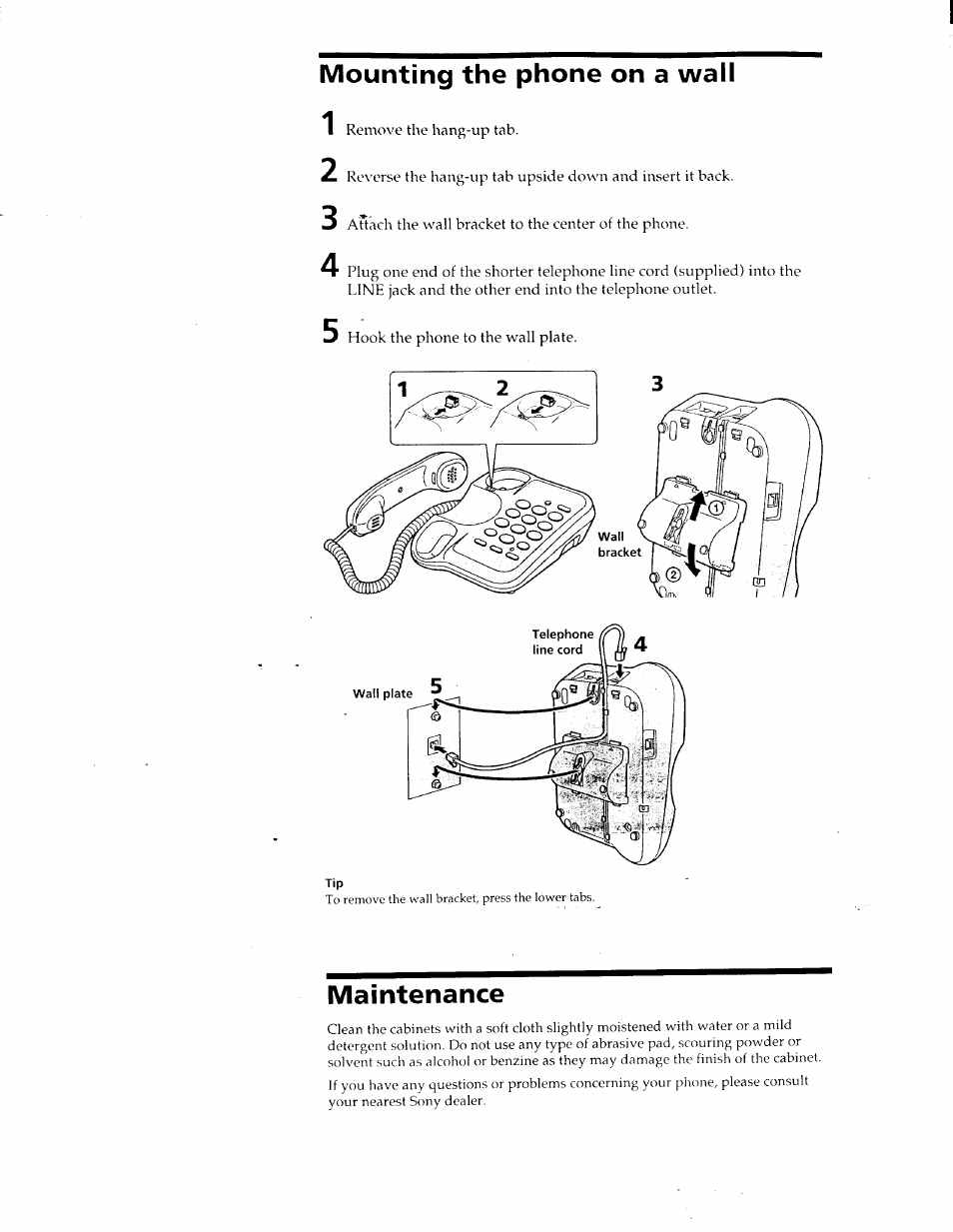 Mounting the phone on a wall, Maintenance | Sony IT-B7 User Manual | Page 12 / 23