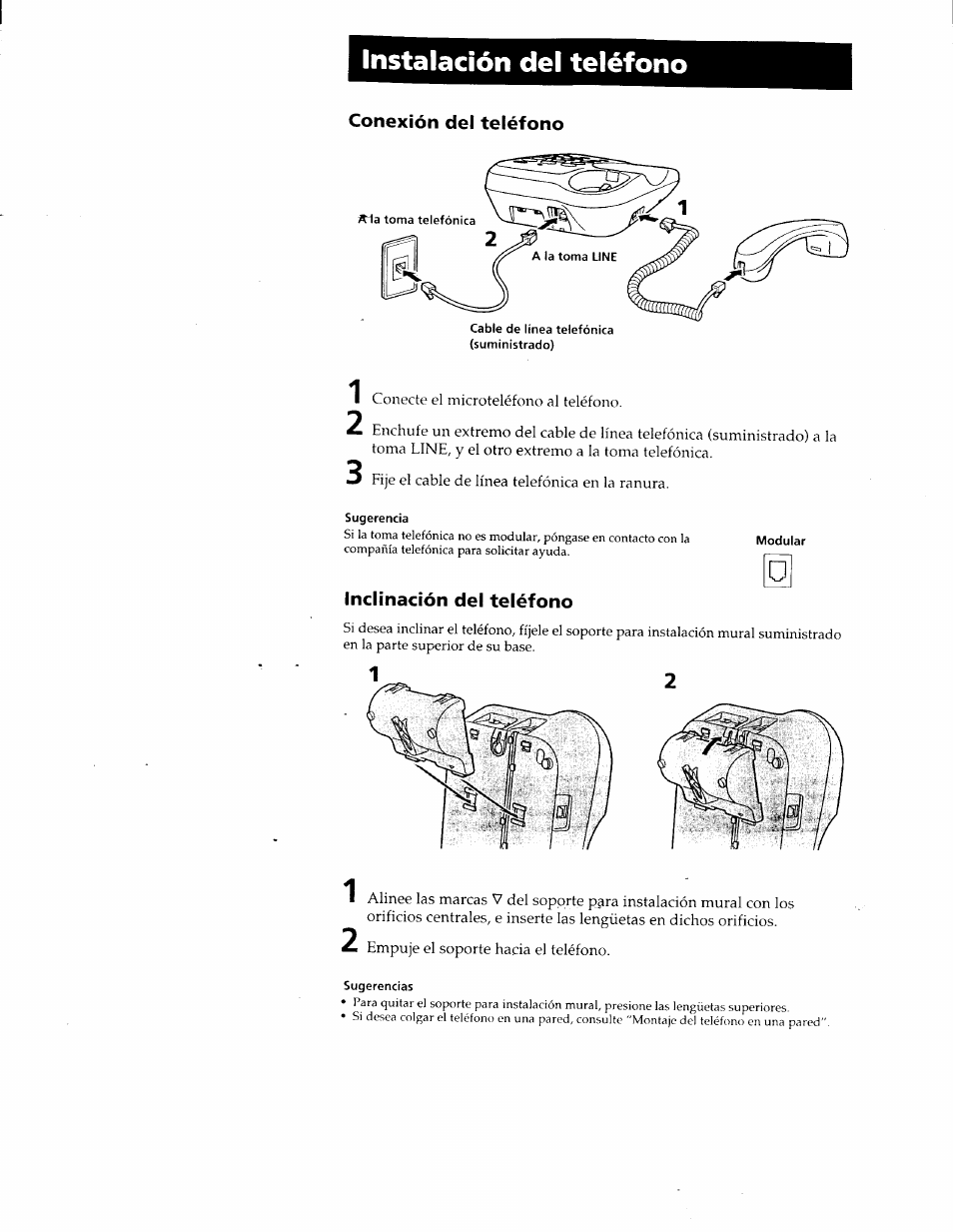 Conexión del teléfono, Inclinación del teléfono, Instalación del teléfono | Sony IT-B7 User Manual | Page 17 / 23