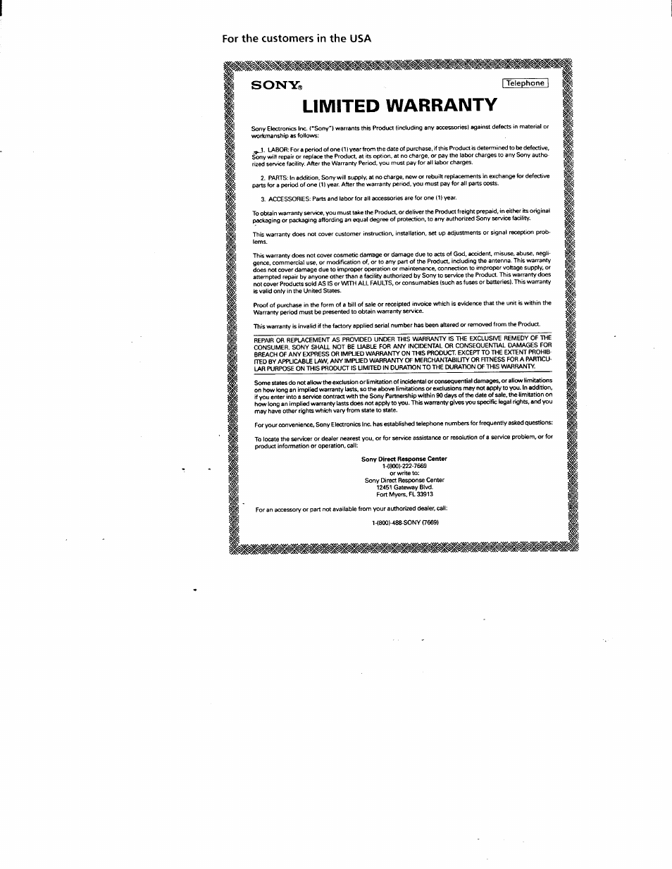 Limited warranty, Sony, For the customers in the usa | Sony IT-B7 User Manual | Page 2 / 23