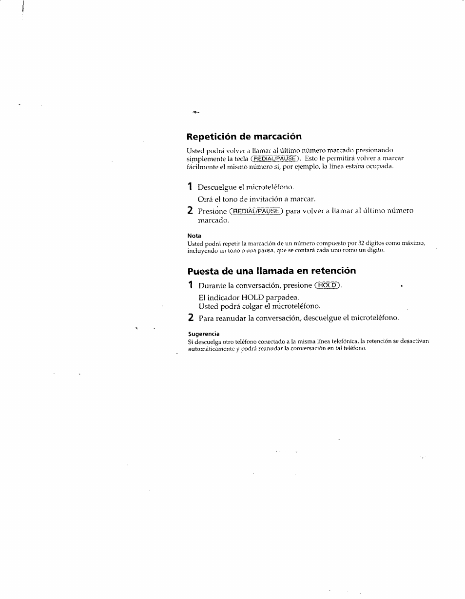 Repetición de marcación, Puesta de una llamada en retención, Hold) | Sony IT-B7 User Manual | Page 20 / 23