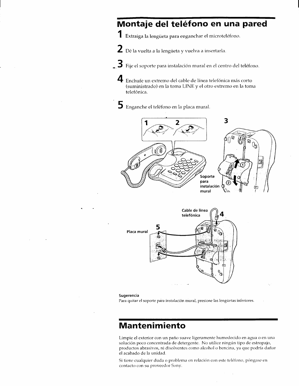 Montaje del teléfono en una pared, Mantenimiento | Sony IT-B7 User Manual | Page 22 / 23