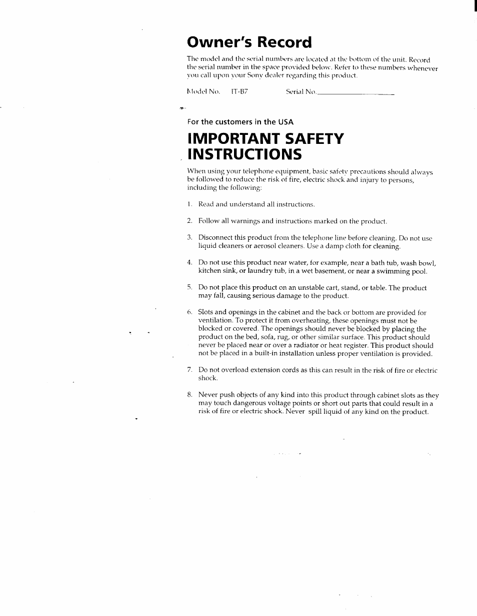 Owner's record, Important safety instructions | Sony IT-B7 User Manual | Page 3 / 23