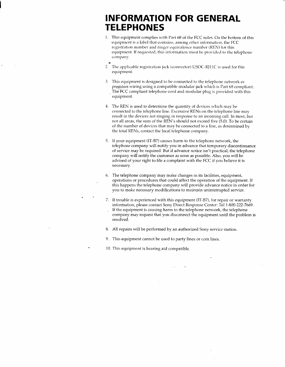 Information for general telephones | Sony IT-B7 User Manual | Page 5 / 23