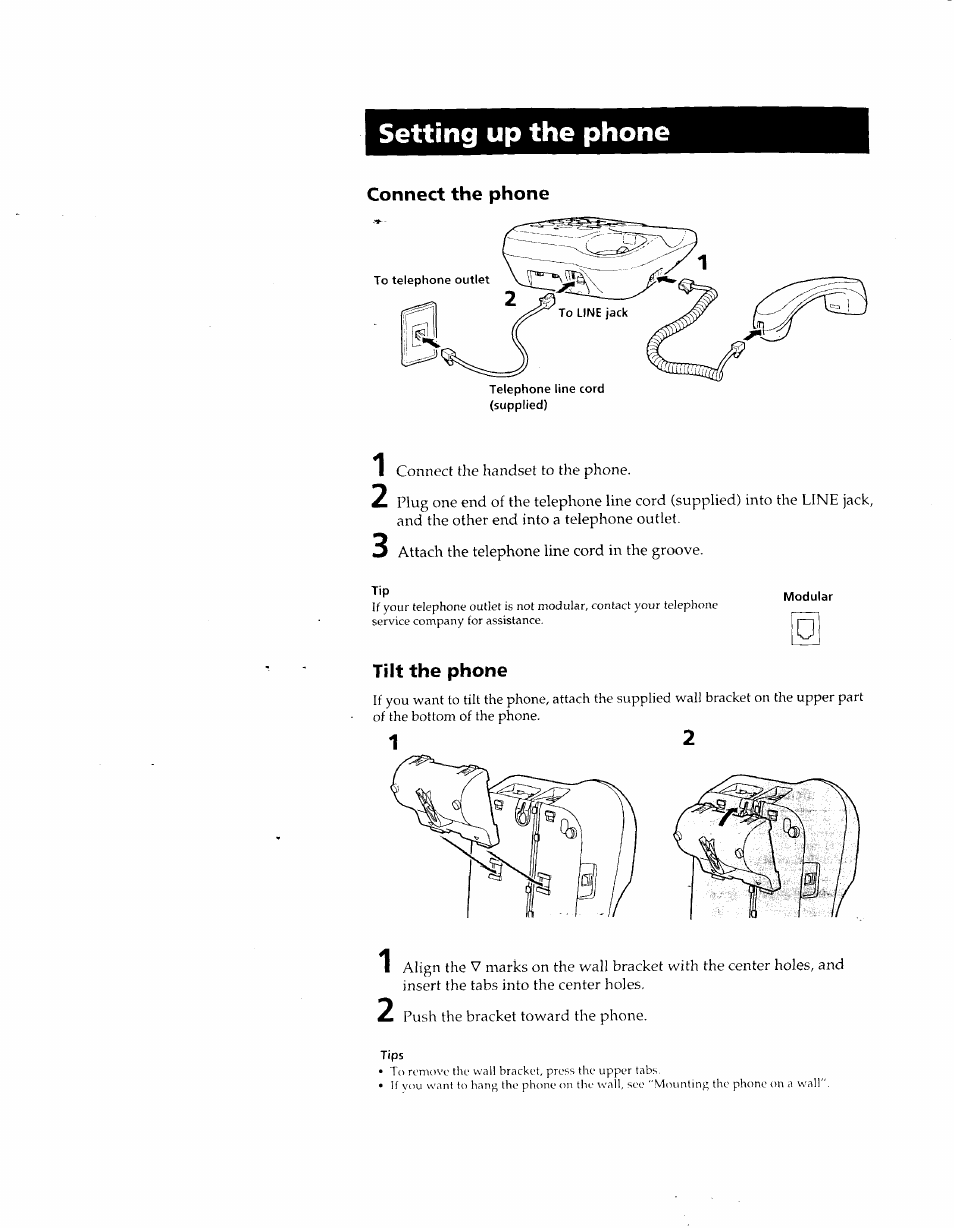 Connect the phone, Tilt the phone, Setting up the phone | Sony IT-B7 User Manual | Page 7 / 23