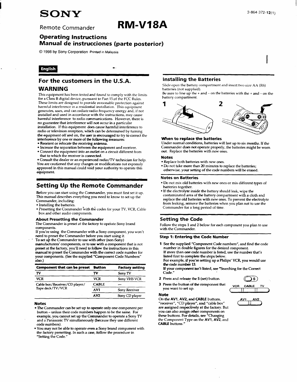 Sony RM-V18A User Manual | 12 pages