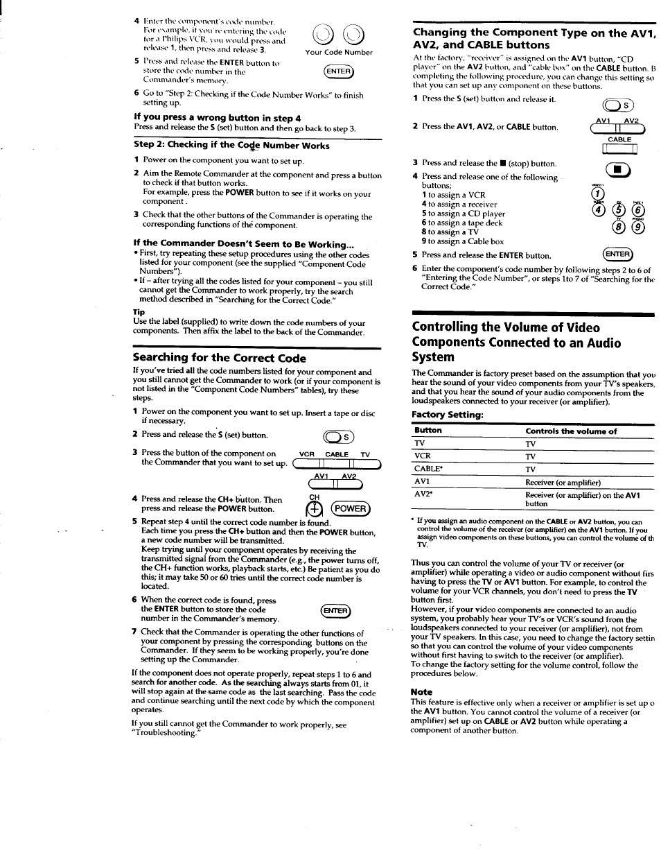 If you press a wrong button in step 4, Step 2: checking if the co^ number works, If the commander doesn't seem to be working | Factory setting, Note, И > cd, Searching for the correct code, C—.ii, D)® d) | Sony RM-V18A User Manual | Page 2 / 12