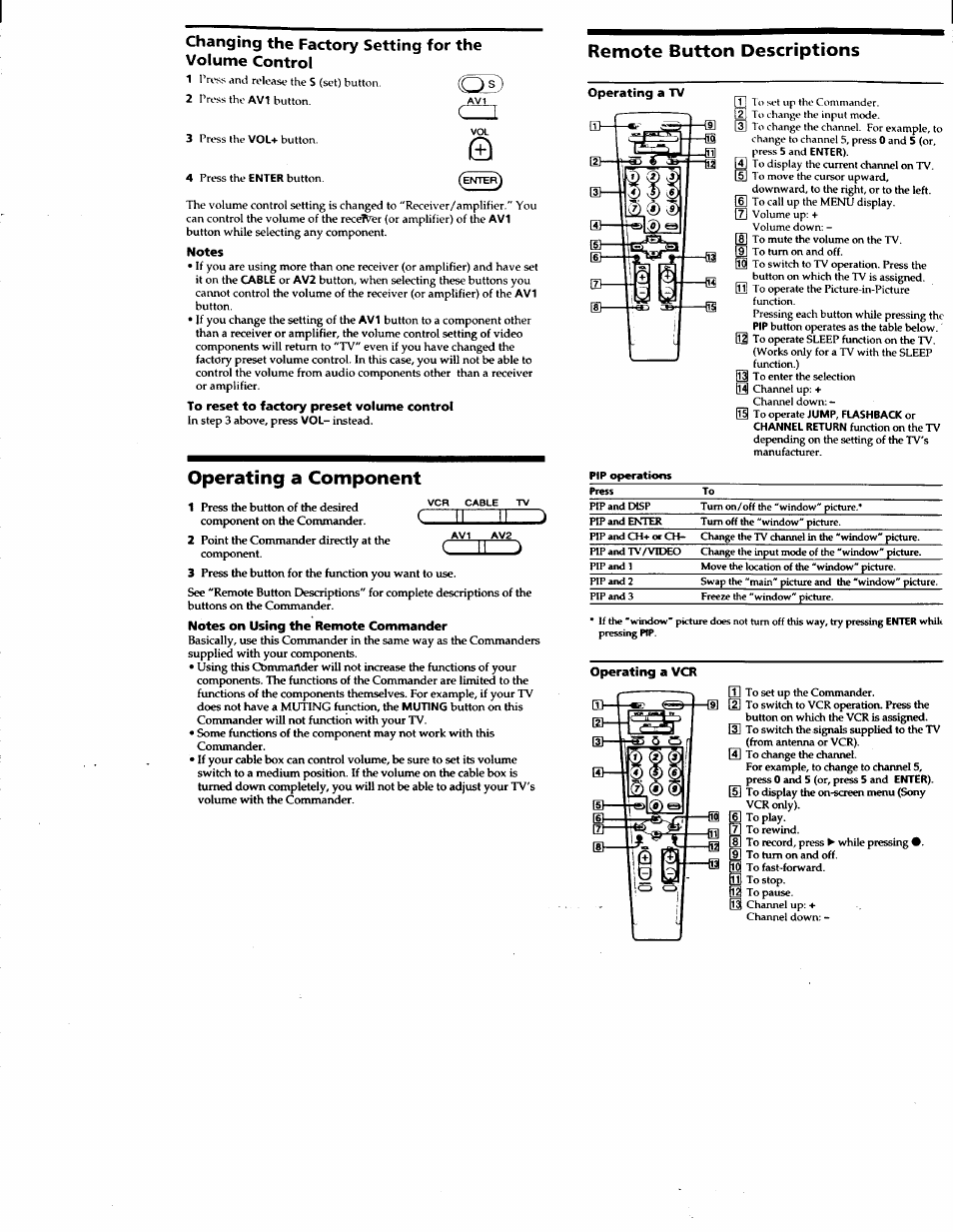 Remote button descriptions, Notes, To reset to factory preset volume control | Operating a component, Notes on using the remote commander, Operating a vcr, Il.... ~t | Sony RM-V18A User Manual | Page 3 / 12