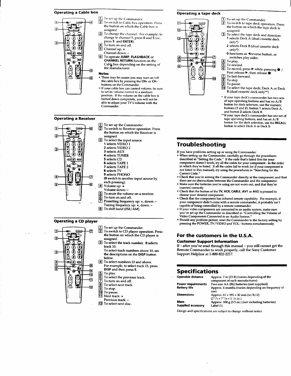 For the customers in the u.s.a, Troubleshooting, Specifications | Sony RM-V18A User Manual | Page 4 / 12