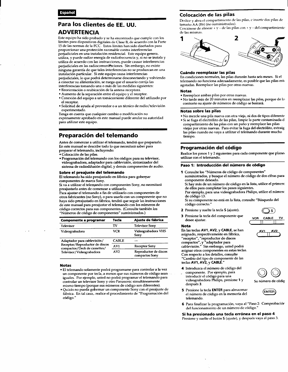 Español, Para los clientes de ee. uu. advertencia, Preparación del telemando | Sobre el preajuste del telemando, Notas, Cuándo reemplazar las pilas, Notas sobre las pilas, Paso 1: introducción del número de código, Nota, Si ha presionado una tecla errónea en el paso 4 | Sony RM-V18A User Manual | Page 5 / 12