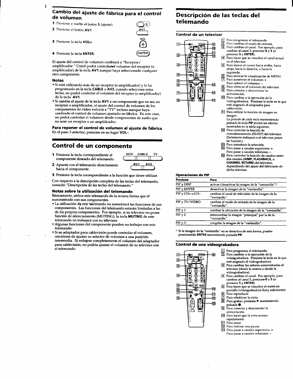 Notas, Control de un componente, Notas sobre la utilización del telemando | Descripción de las teclas del telemando, Control de una videograbadora | Sony RM-V18A User Manual | Page 7 / 12