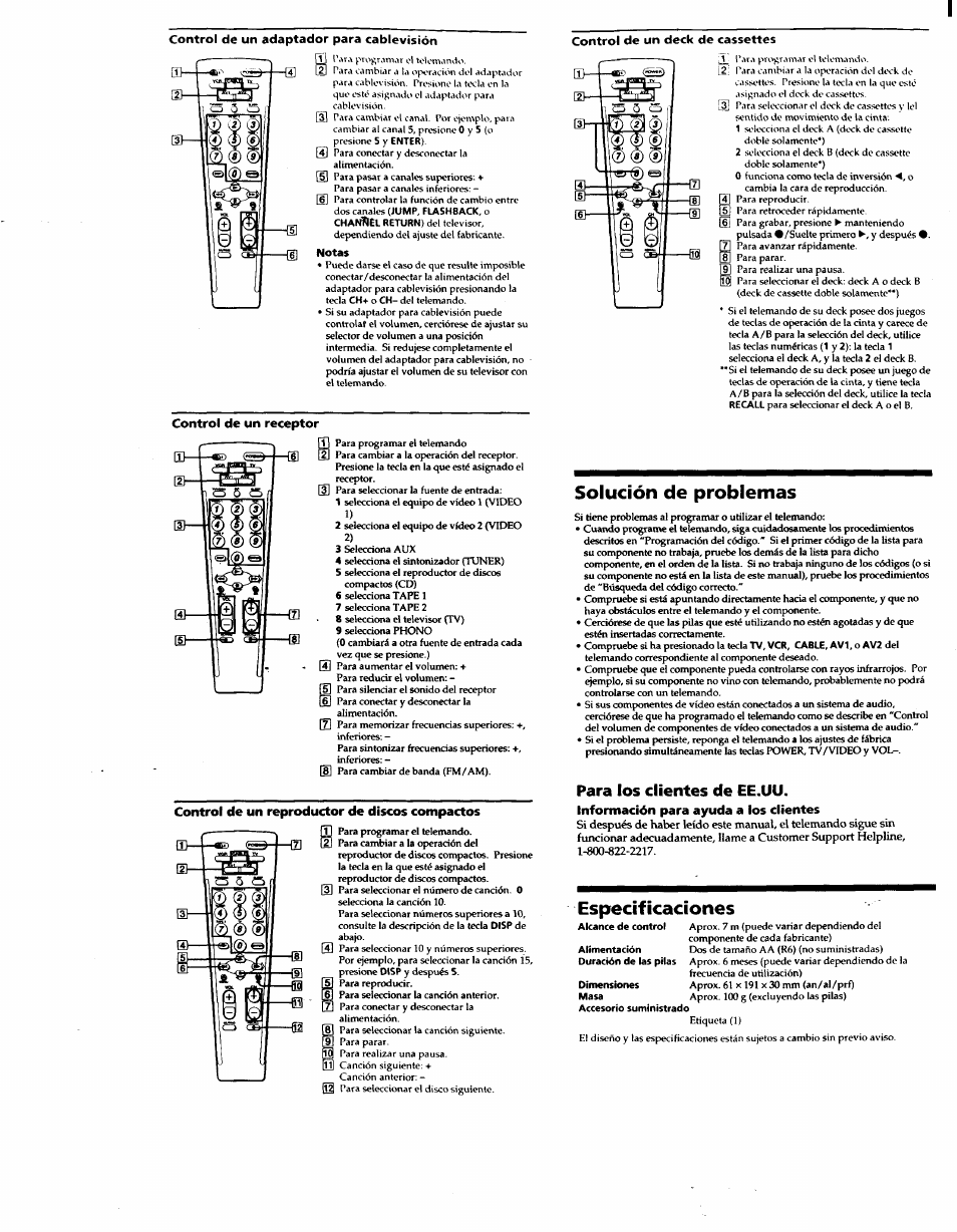Control de un receptor, Control de un reproductor de discos compactos, Solución de problemas | Información para ayuda a los clientes, Para los clientes de ee.uu, Especificaciones | Sony RM-V18A User Manual | Page 8 / 12