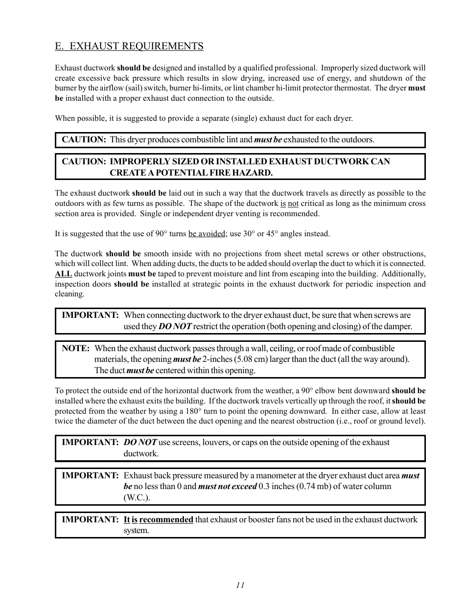 Exhaust requirements, E. exhaust requirements | American Dryer Corp. MDG50MNV User Manual | Page 15 / 48