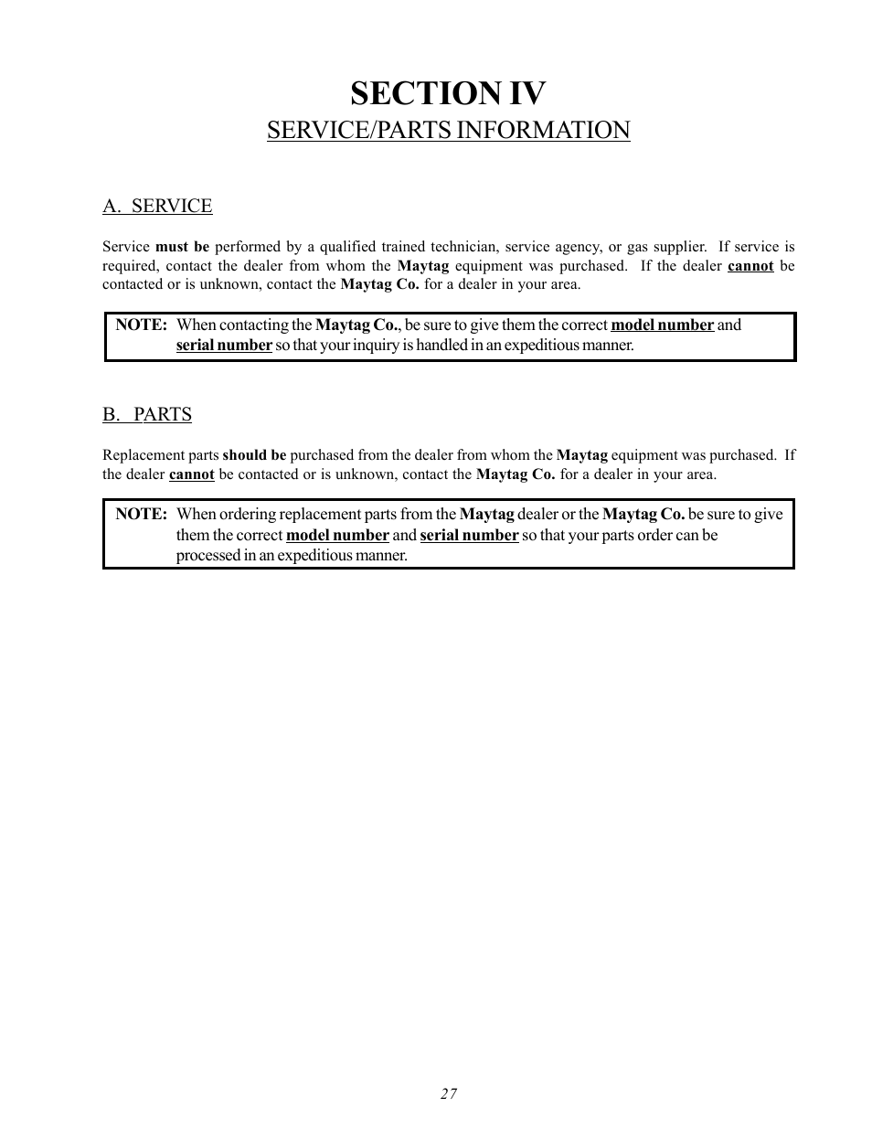 Service/parts information, Service, Parts | Section iv service/parts information, A. service b. parts | American Dryer Corp. MDG50MNV User Manual | Page 31 / 48