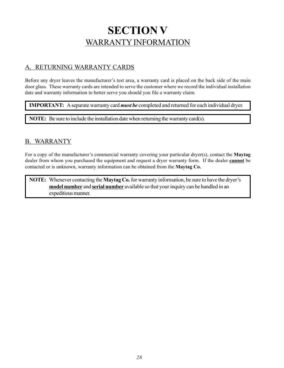 Warranty information, Returning warranty cards, Warranty | Section v warranty information, A. returning warranty cards b. warranty | American Dryer Corp. MDG50MNV User Manual | Page 32 / 48