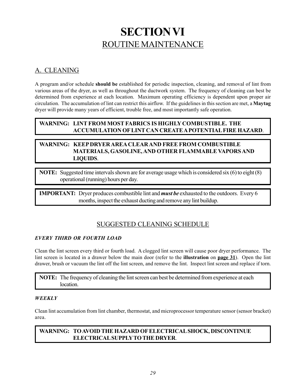 Routine maintenance, Cleaning, Section vi routine maintenance | A. cleaning | American Dryer Corp. MDG50MNV User Manual | Page 33 / 48