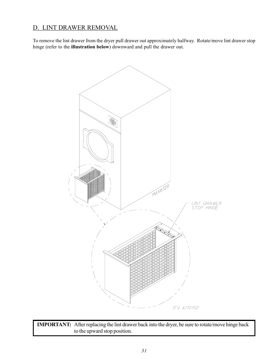 Lint drawer removal, D. lint drawer removal | American Dryer Corp. MDG50MNV User Manual | Page 35 / 48