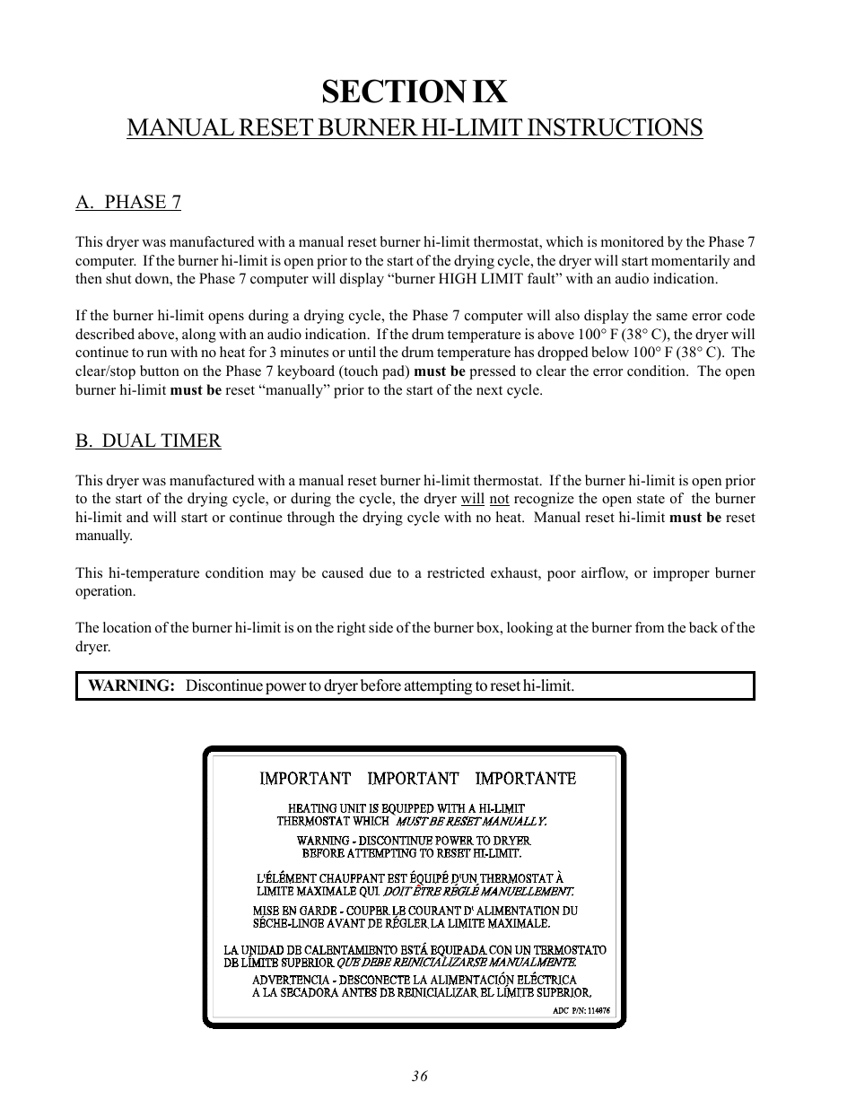 Manual reset burner hi-limit instructions, Phase 7, Dual timer | A. phase 7 b. dual timer | American Dryer Corp. MDG50MNV User Manual | Page 40 / 48