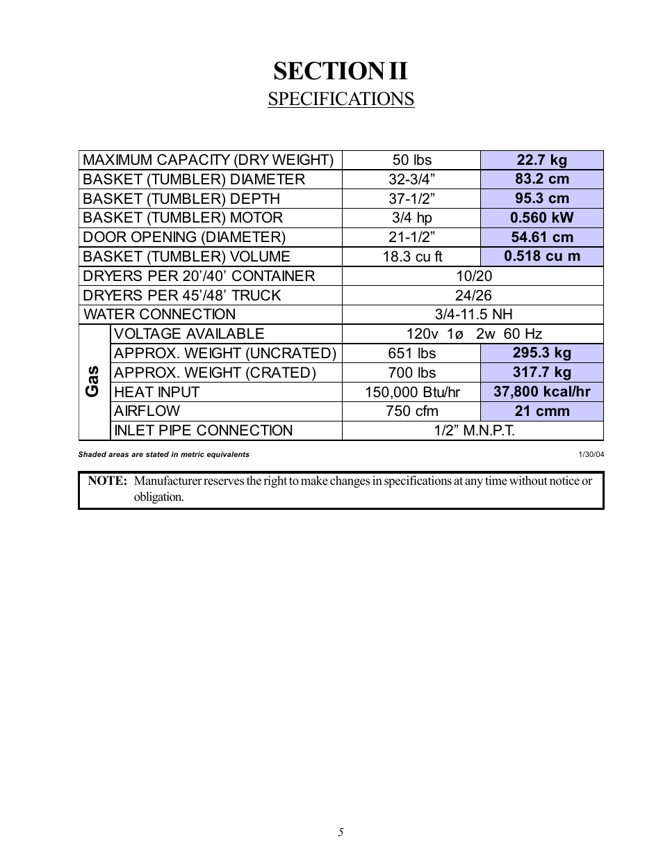 Specifications, Section ii specifications | American Dryer Corp. MDG50MNV User Manual | Page 9 / 48