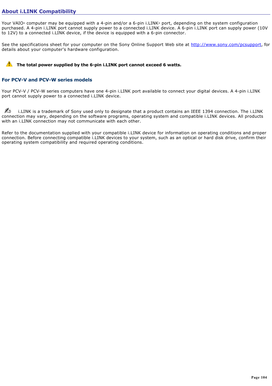 For pcv-v and pcv-w series models, About i.link compatibility | Sony PCV-V300G User Manual | Page 104 / 209