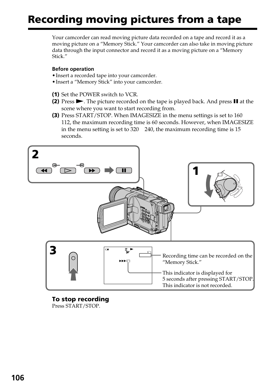 Recording moving pictures from a tape | Sony DCR-TRV830 User Manual | Page 106 / 168