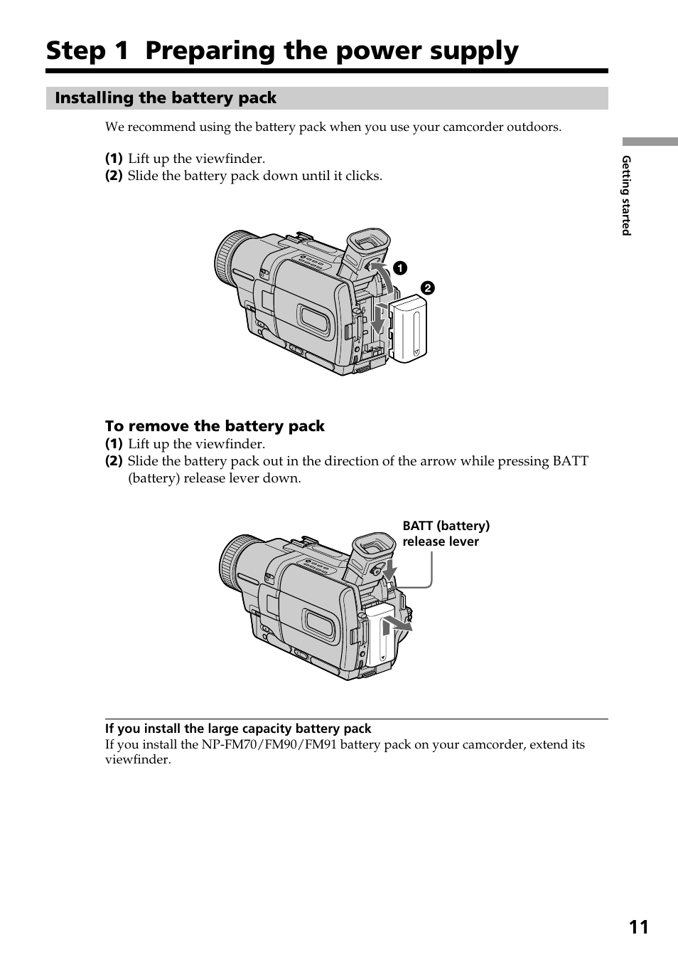 Step 1 preparing the power supply | Sony DCR-TRV830 User Manual | Page 11 / 168