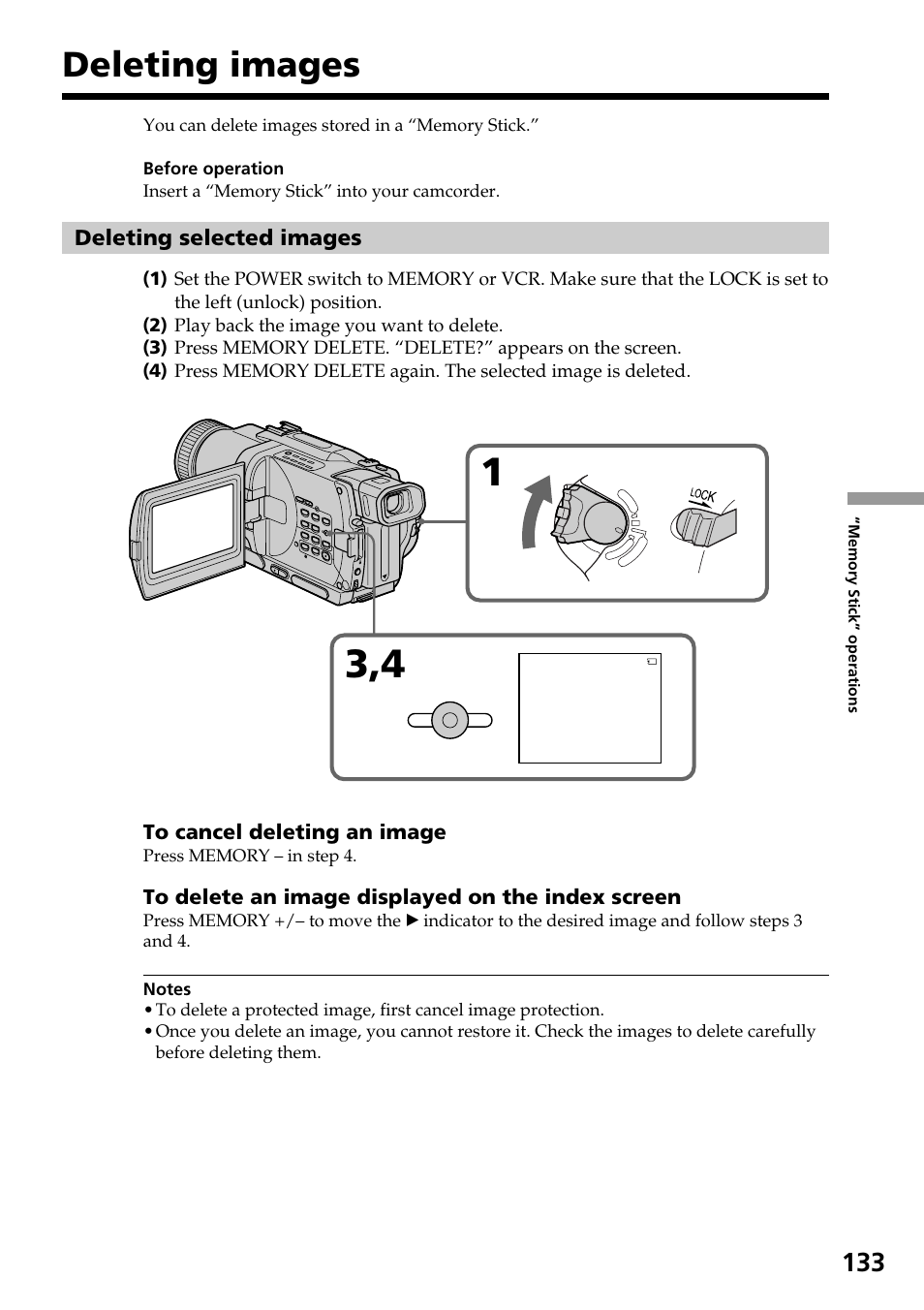 Deleting images, Deleting selected images, Delete | Sony DCR-TRV830 User Manual | Page 133 / 168