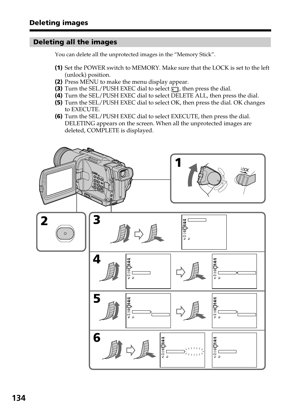 Deleting all the images, Deleting images, Menu | Sony DCR-TRV830 User Manual | Page 134 / 168