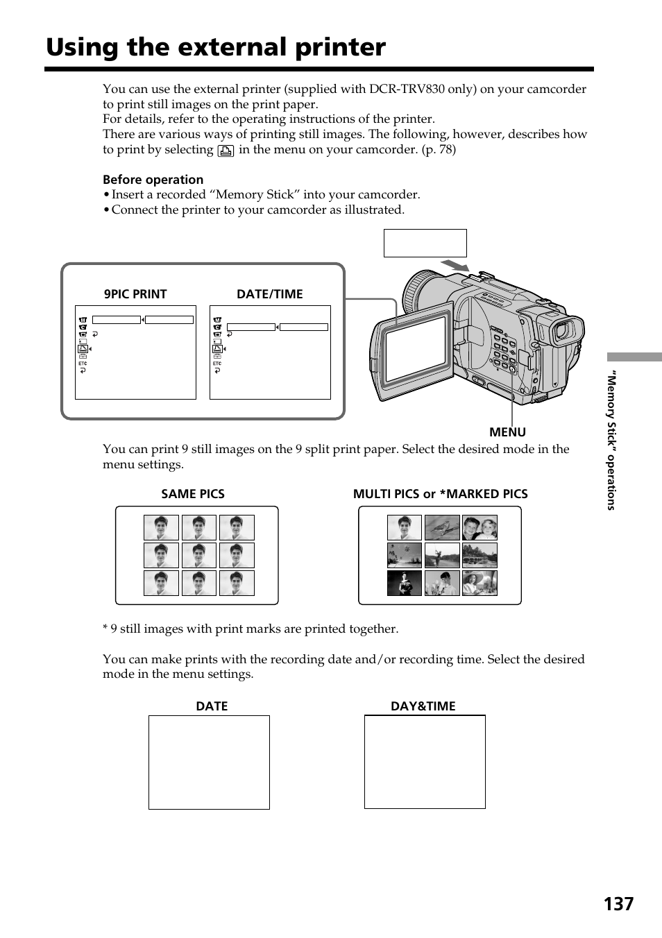 Using the external printer, Printer | Sony DCR-TRV830 User Manual | Page 137 / 168
