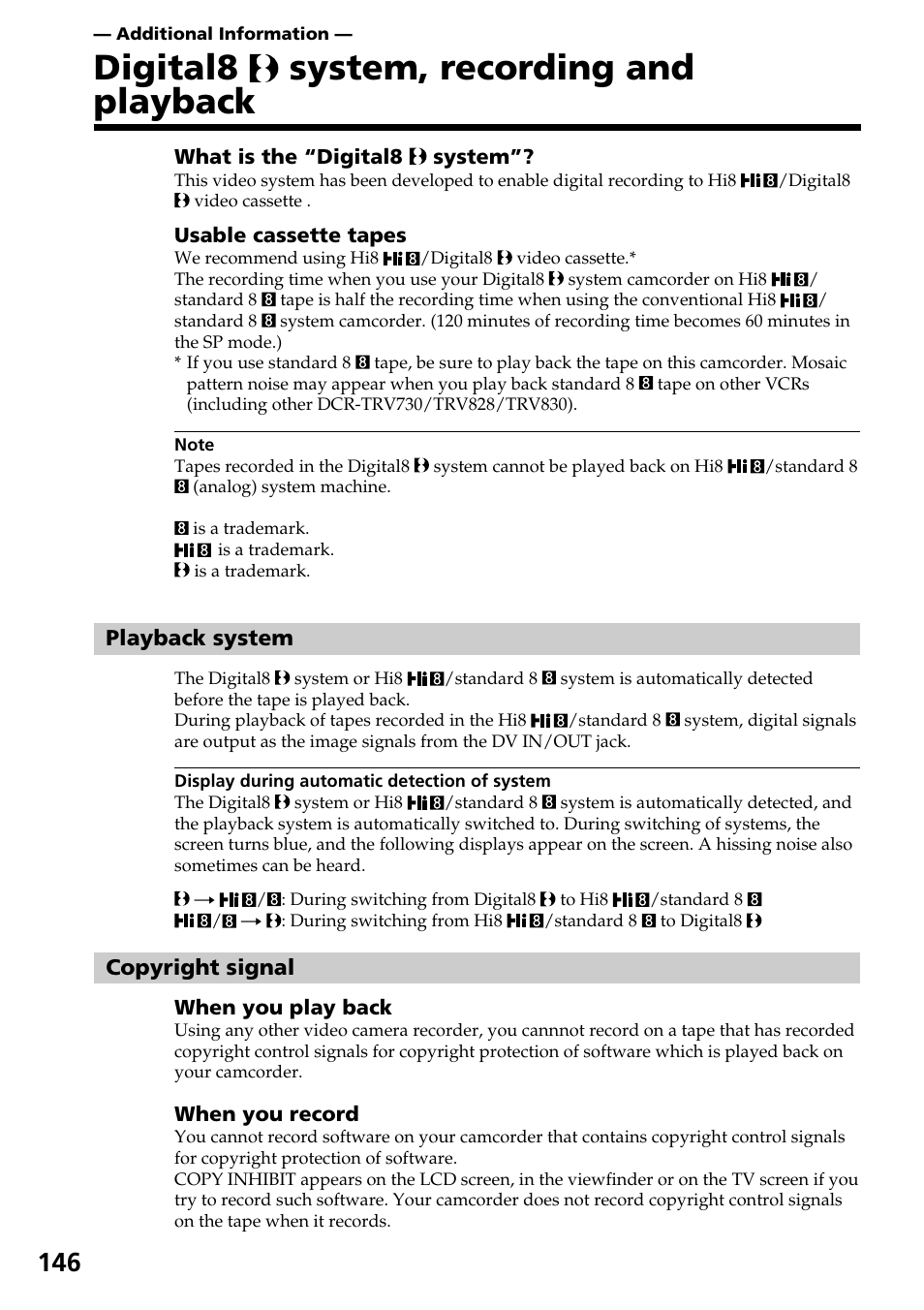 Digital8 system, recording and playback | Sony DCR-TRV830 User Manual | Page 146 / 168