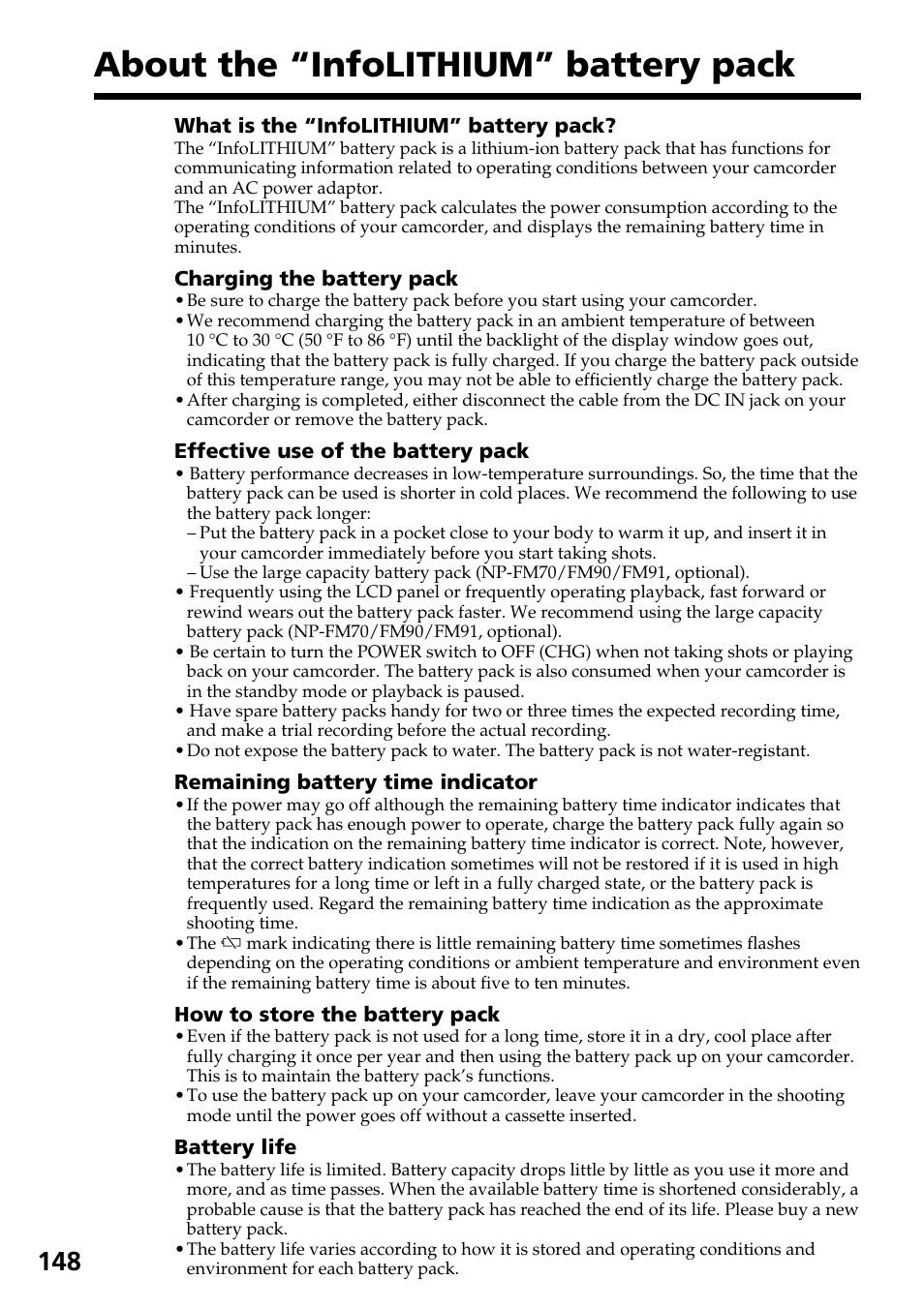 About the “infolithium” battery pack | Sony DCR-TRV830 User Manual | Page 148 / 168