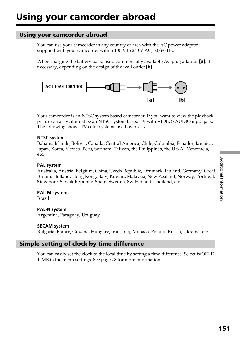 Using your camcorder abroad | Sony DCR-TRV830 User Manual | Page 151 / 168